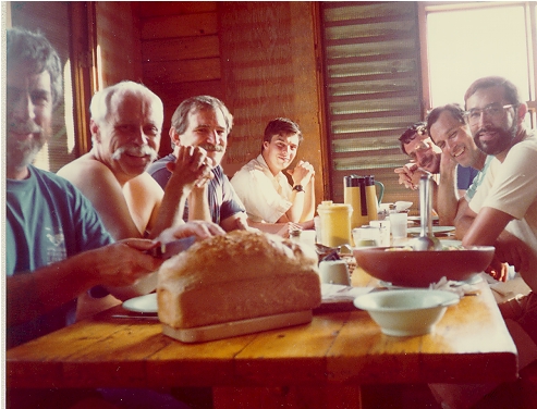 Photo of dinner time at Mizpah Spring Hut, c. 1988.